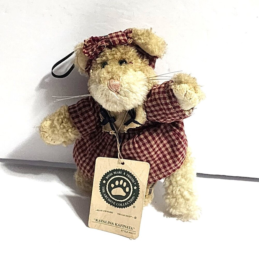 Boyds Bears Katalina Kafinata Plush Cat Ornament Red Plaid Dress 6in 56274